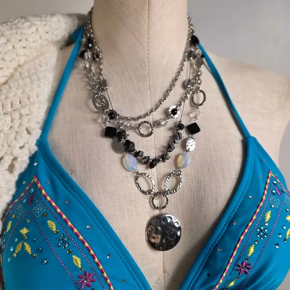Y2K Boho Statement Necklace Silver Black Beaded Sliver Tone Summer Mermaidcore